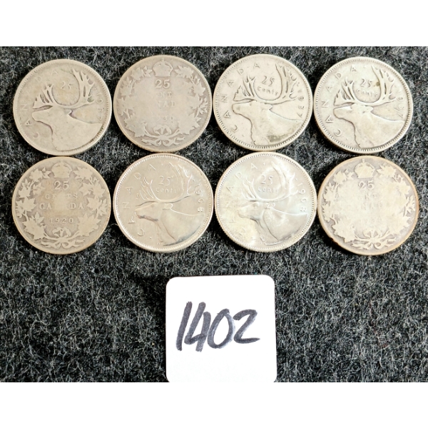 LOT OF 8 - 1920-1968 CDN 25 CENT COINS