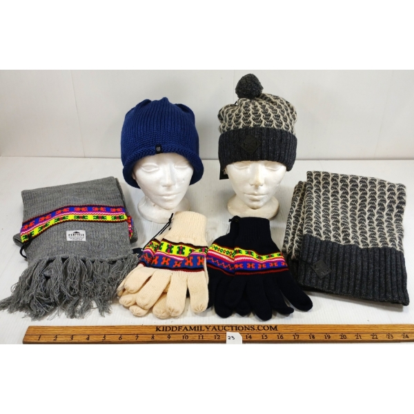 LOT OF 6 - WINTER TOQUES, SCARVES & GLOVES - MFG PENFIELD, BRIXTON, ETC