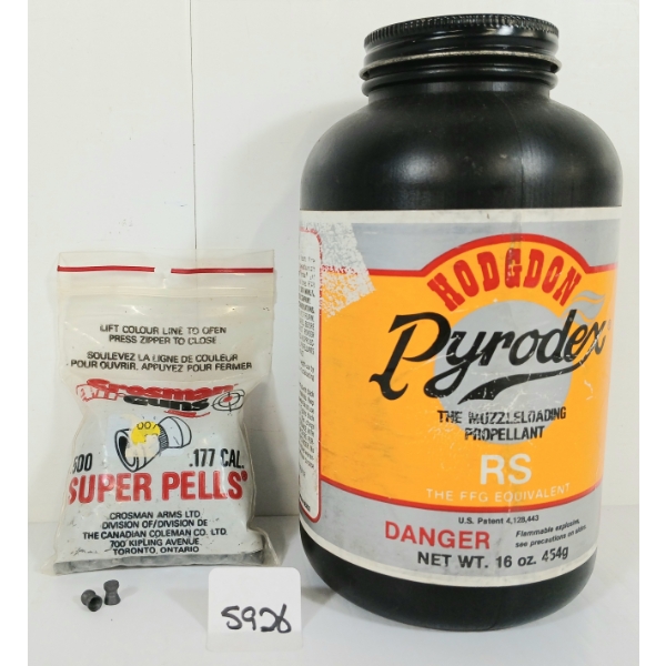 PELLETS / POWDER: APPROX 500X CROSMAN .177 PELLETS - HODGDON PYRODEX RS POWDER - 0.5 LBS