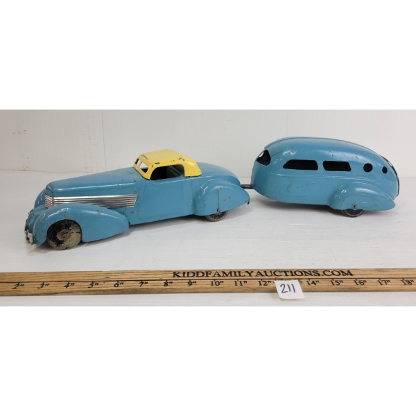 LOT OF 2 - 1930'S WYANDOTTE PRESSED STEEL CAR & TRAVEL TRAILER