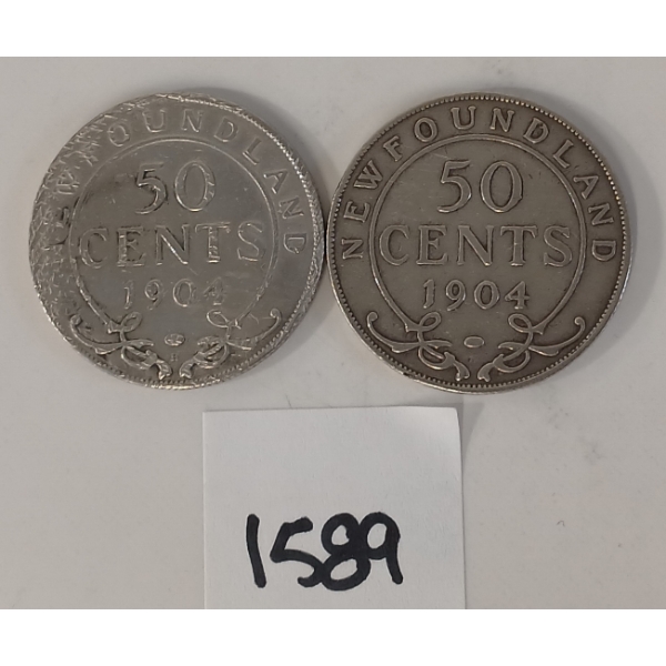 LOT OF 2 - 1904 NEWFOUNDLAND 50 CENT SILVER COINS