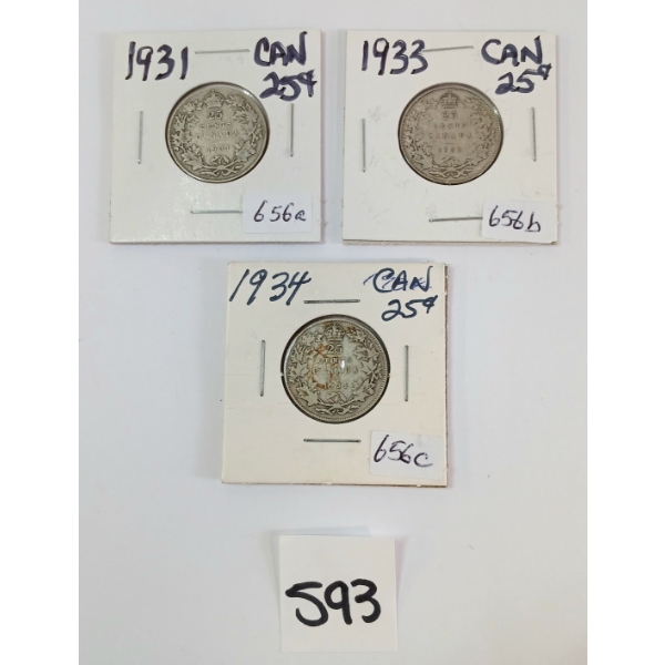 LOT OF 3 - 1931, 1933 & 1934 CDN 25 CENT SILVER COINS