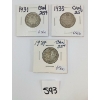 LOT OF 3 - 1931, 1933 & 1934 CDN 25 CENT SILVER COINS
