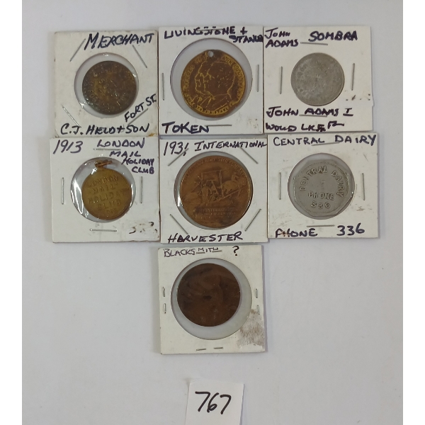 LOT OF 7 - MISC TOKENS - INCL FORT ST MERCHANT, CENTRAL DAIRY, BLACKSMITH, ETC