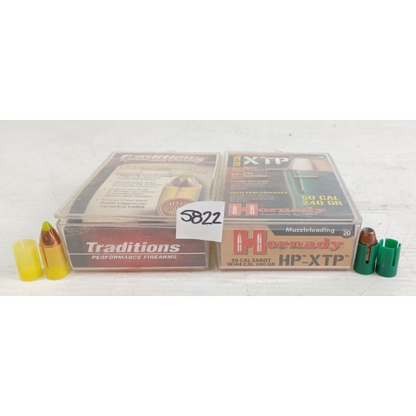AMMO: APPROX 60X HORNADY & TRADITOINS .50CAL - 240 & 300GR
