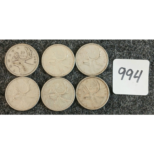 LOT OF 6 - 1940-1965 CDN 25 CENT COINS