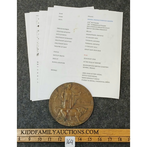 WWI CDN DEATH PLAQUE & PAPERS - GARFIELD MASON