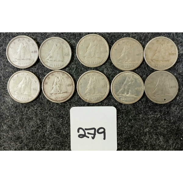 LOT OF 10 - 1953-1967 CDN 10 CENT COINS