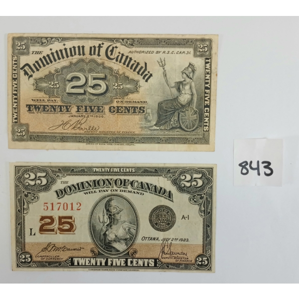 LOT OF 2 - 1900 & 1923 DOMINION OF CANADA 25 CENT SHINPLASTERS