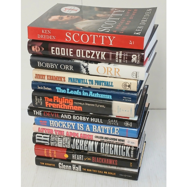 LOT OF 12 - HOCKEY BOOKS - "THE DEVIL & BOBBY HULL", "HOCKEY IS A BATTLE", "AFTER THE APPLAUSE", ETC