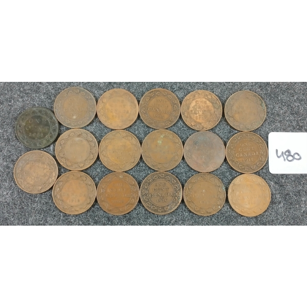 LOT OF 17 - 1881-1920 CDN 1 CENT COINS 