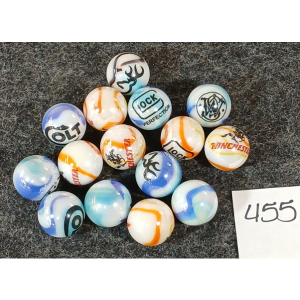 LOT OF 15 - GUN MAKER'S MARBLES - INCL WINCHESTER, COLT, BROWNING, GLOCK & S&W