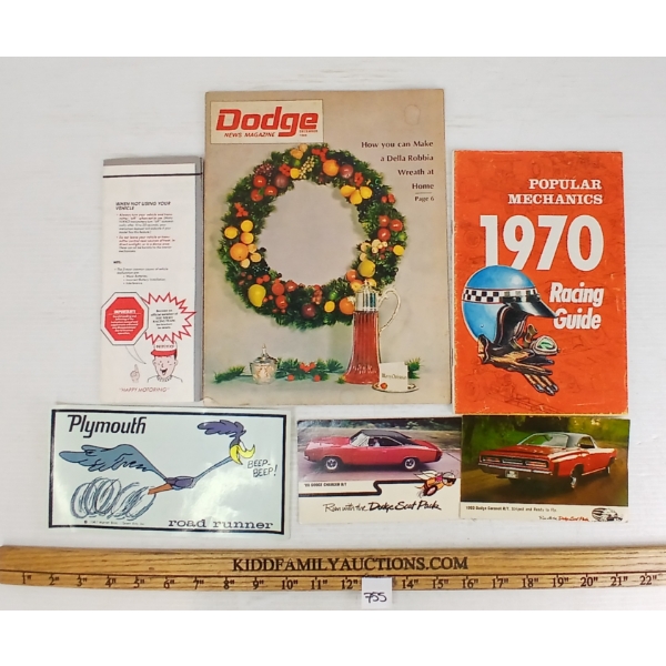 JOB LOT - 1970 POPULAR MECHANICS, DODGE MAGAZINE & PLYMOUTH ROAD RUNNER STICKER, ETC