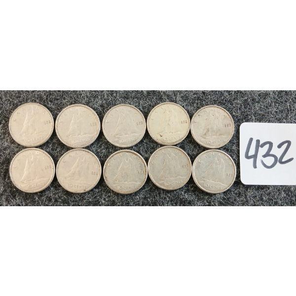 LOT OF 10 - 1958 CDN 10 CENT COINS
