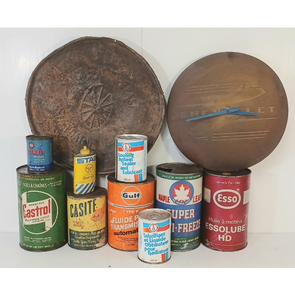 LOT OF 11 - OIL & ADDITIVE CANS, CHEVROLET HUB CAP CLOCK, INCL CASITE & ZORBIT