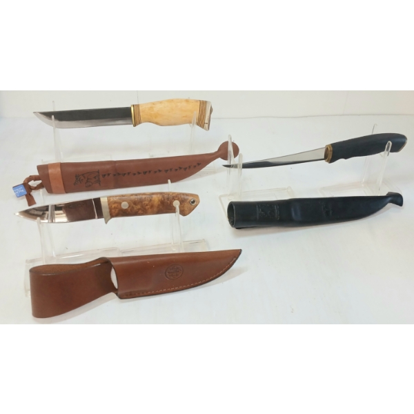 LOT OF 3 - KAUKO, NORMARK & BERETTA KNIVES W/ LEATHER SHEATHS