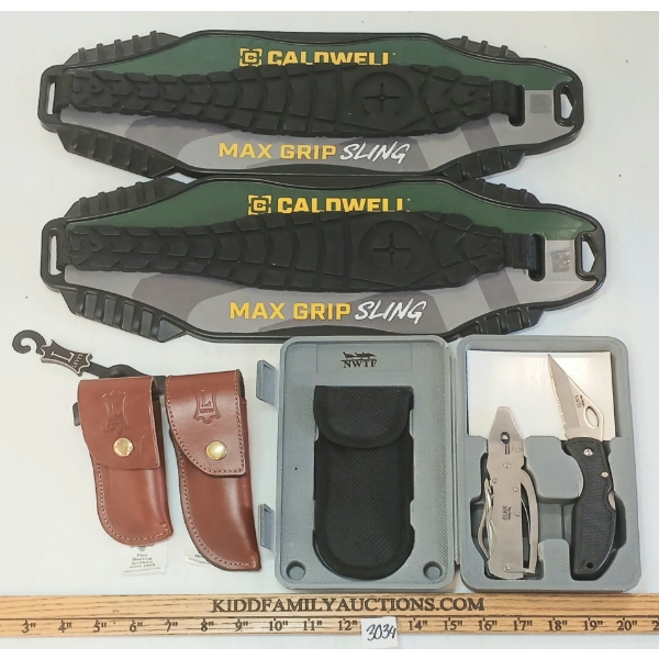 LOT OF 5 - NWTF PRO SERIES KNIFE & PLIER SET, CALDWELL MAX GRIP SLINGS & LEVYS LEATHER SHEATHS