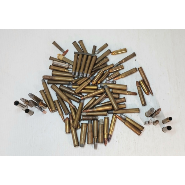 AMMO / BRASS: APPROX 73X MISC MIXED RNDS LIVE - INCL .35, .32-40, .72 - 3X BRASS 