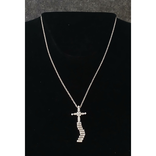 STERLING SILVER & SIMULATED DIAMOND STAIRWAY TO CROSS NECKLACE