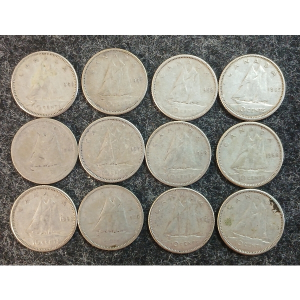 LOT OF 12 - 1941-1965 CDN 10 CENT COINS