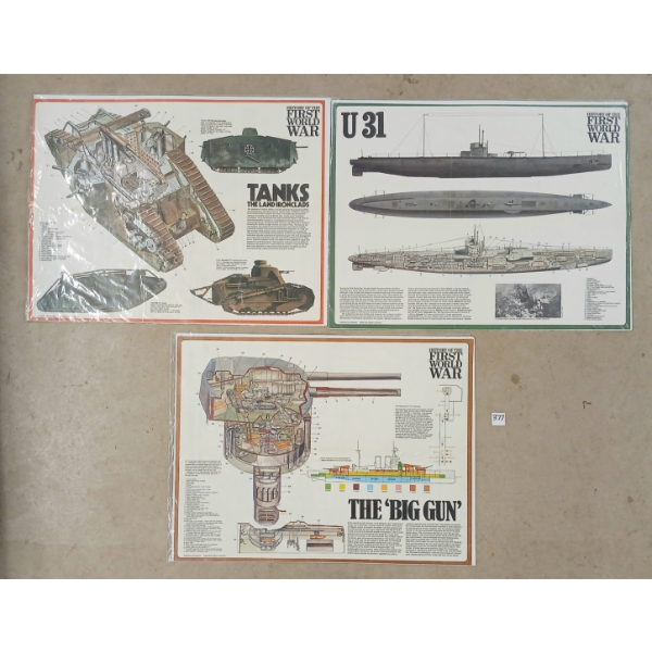 LOT OF 3 - HISTORY OF THE FIRST WORLD WAR POSTERS - INCL THE BIG GUN, U31 & TANKS