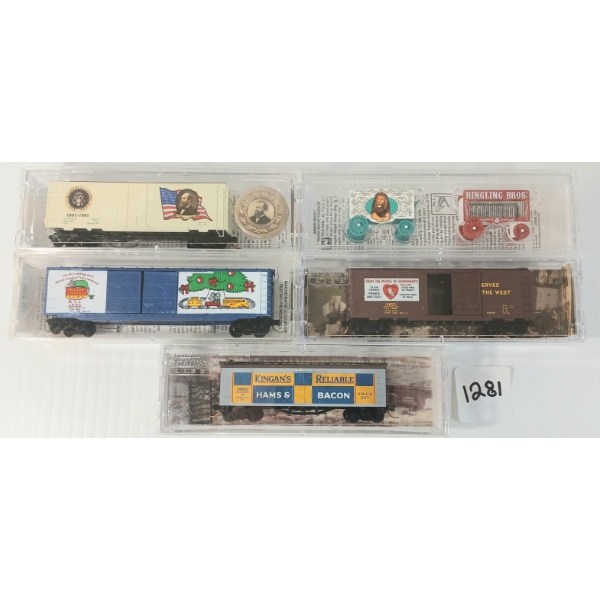 LOT OF 5 - MICRO TRAINS - CHRISTMAS, CIRCUS, PRESIDENTIAL & UNION PACIFIC CAR SERIES, ECT.
