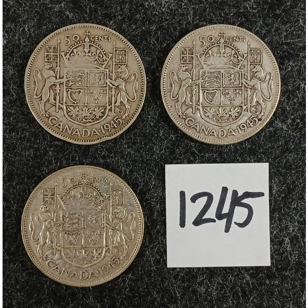 LOT OF 3 - 1945 CDN 50 CENT SILVER COINS