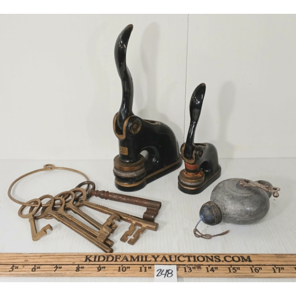 LOT OF 4 - EMBOSSERS, CHALK LINE REEL & RING OF BRASS KEYS