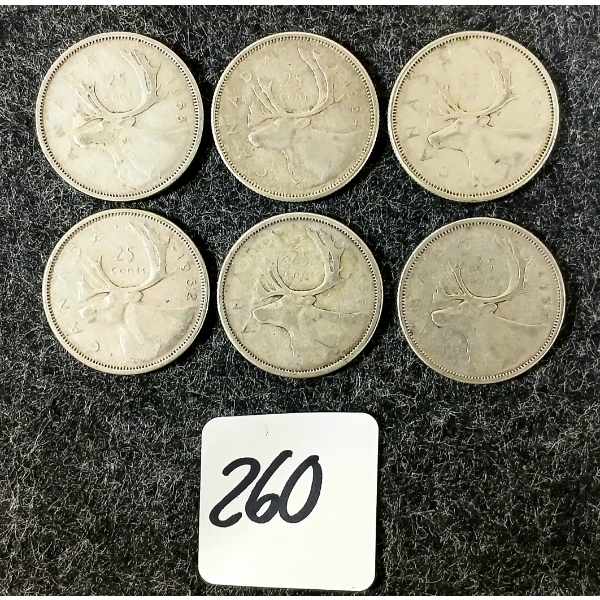 LOT OF 6 - 1953-1964 CDN 25 CENT COINS