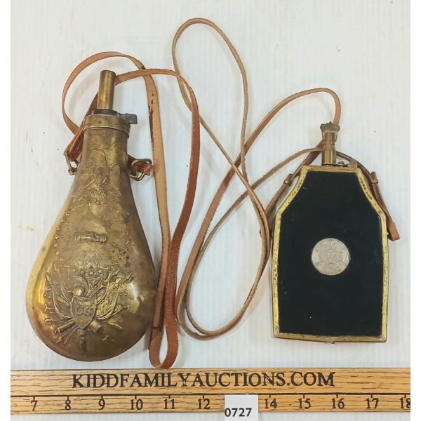 LOT OF 2 - US BRASS & SHILLING POWDER FLASKS
