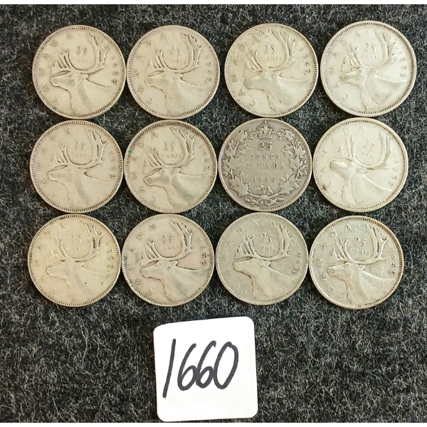 LOT OF 12 - 1936-1957 CDN 25 CENT COINS 