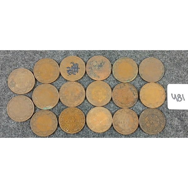 LOT OF 17 - 1908-1920 CDN 1 CENT COINS 