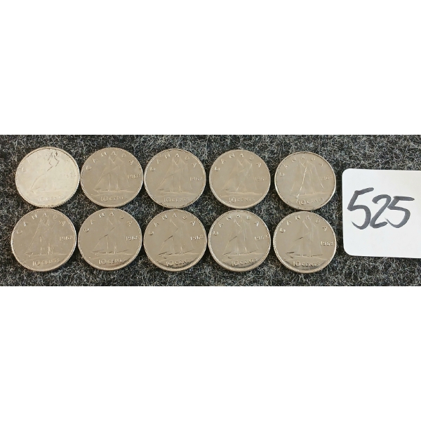 LOT OF 10 - 1968 CDN 10 CENT COINS