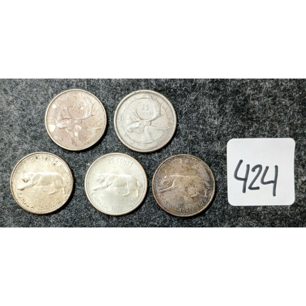 LOT OF 5 - 1959, 1960 & 1967 CDN 25 CENT COINS