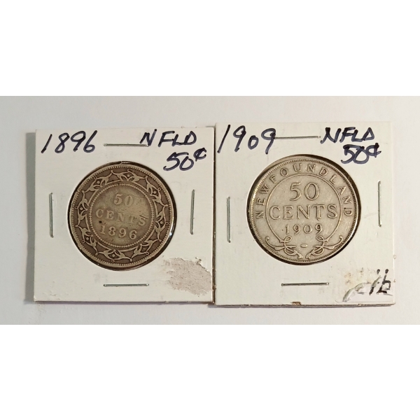 LOT OF 2 - 1896 & 1909 NEWFOUNDLAND 50 CENT SILVER COINS