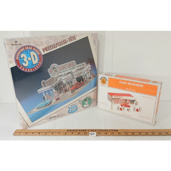 LOT OF 2 - 3-D ADVENTURE ROAD PUZZLE & BACHMAN HO SCALE GAS STATION MODEL KIT