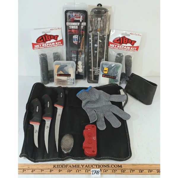 JOB LOT - FIREARM CLEANING KITS, BASS PRO CAMPING KNIVES, RUBBER BUTT STOCK COVER, ETC