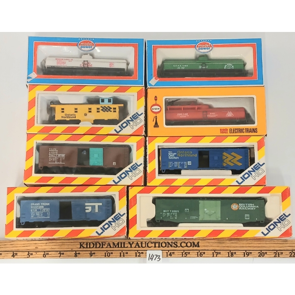LOT OF 8 - LIONEL HO & MODEL POWER HO SCALE TRAINS - GRAND TRUNK WESTERN, BC RAILWAY, ETC