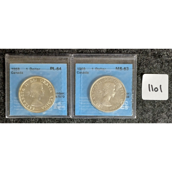 LOT OF 2 - 1958 & 1959 CDN SILVER DOLLARS - BRITISH COLUMBIA & VOYAGEUR - CCCS GRADED