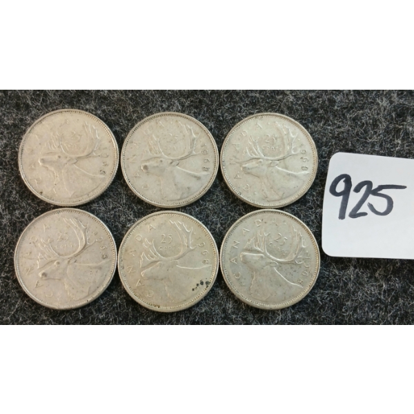 LOT OF 6 - 1968 CDN 25 CENT COINS
