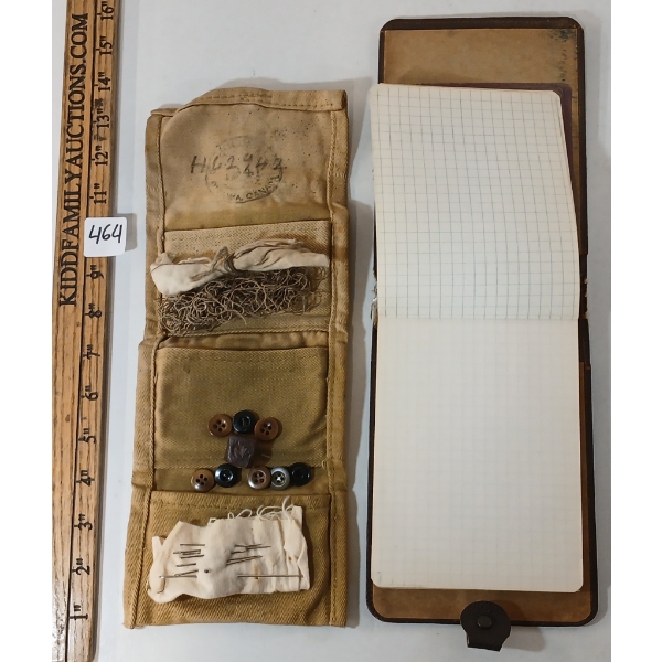 LOT OF 2 - WWII CDN ISSUED SEWING KIT W/ CONTENTS & FIELD MESSAGE BOOK W/ LEATHER COVER
