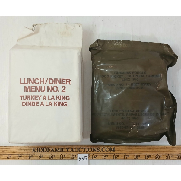 LOT OF 2 - CDN FORCES MRES - INCL LUNCH MENU NO. 2 TURKEY A LA KING & MENU NO. 1 BEEF JERKY