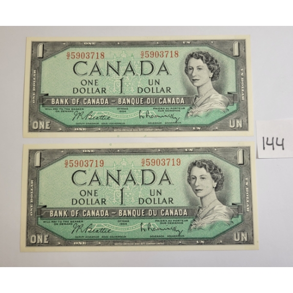 LOT OF 2 - 1954 CDN $1 BANKNOTES - SEQUENTIAL UNCIRCULATED