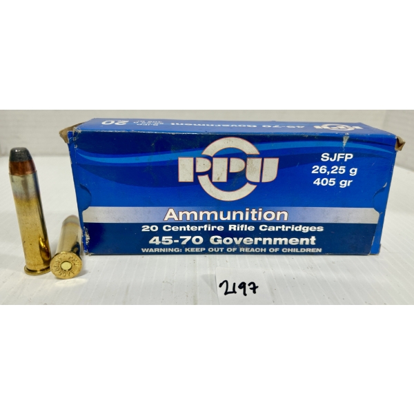 AMMO / BRASS: 18X LIVE & 1X BRASS PPU .45-70 GOVT - 405 GR SP