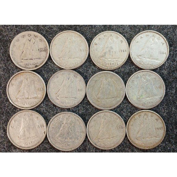 LOT OF 12 - 1943-1965 CDN 10 CENT COINS