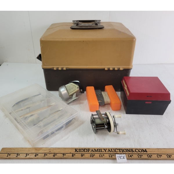 JOB LOT - TACKLE BOX W/ CONTENTS, FISHING LURES, REELS, ETC