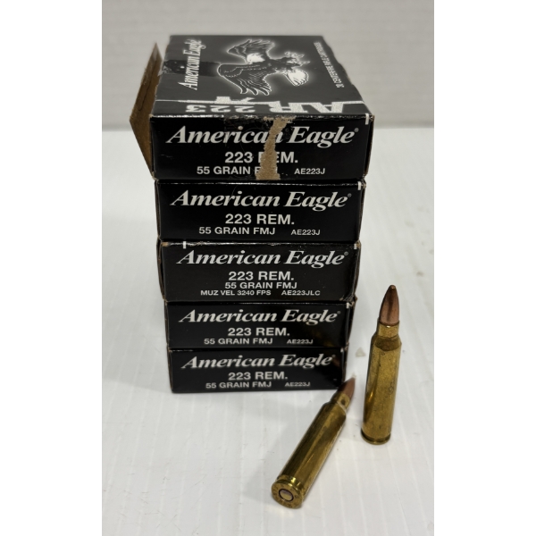 AMMO: 100 X AMERICAN EAGLE .223 FMJ - 55 GR 