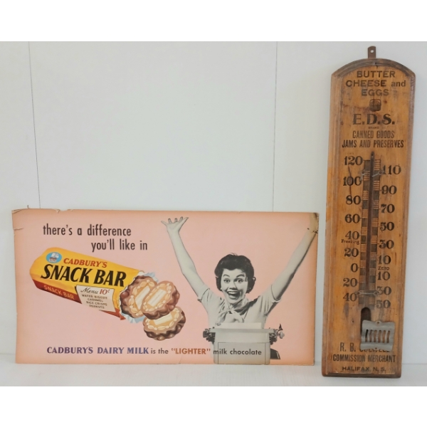 LOT OF 2 - E.D.S. WOOD THERMOMETER & CADBURY'S SNACK BAR CARDBOARD AD