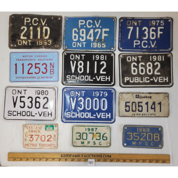 LOT OF 12 - ONTARIO & QUEBEC LICENCE PLATES - P.C.V., SCHHOL VEH., MPSC, ETC