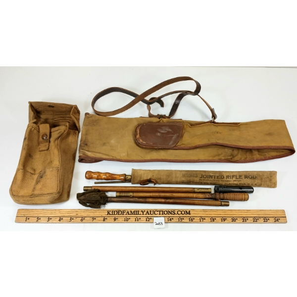 LOT OF 8 - WEB PATTERN POUCH, SOFT GUN CASE, MARBLES JOINTED RIFLE ROD, ETC - SEE ALL PICS